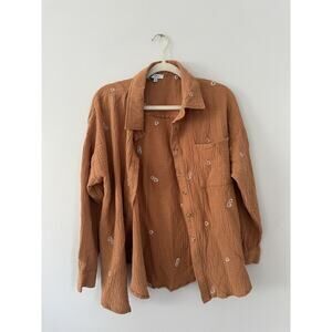 Polygram Brown Muslin Blouse Size M Embroidered Daisy Flowers